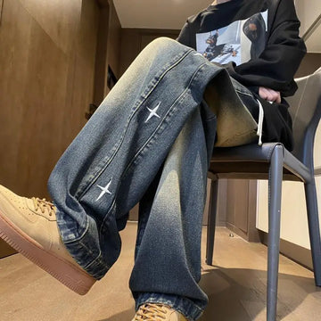 Riolio American retro men and women trendy star shaped graphic design straight leg jeans loose hip-hop wide leg casual pants y2k